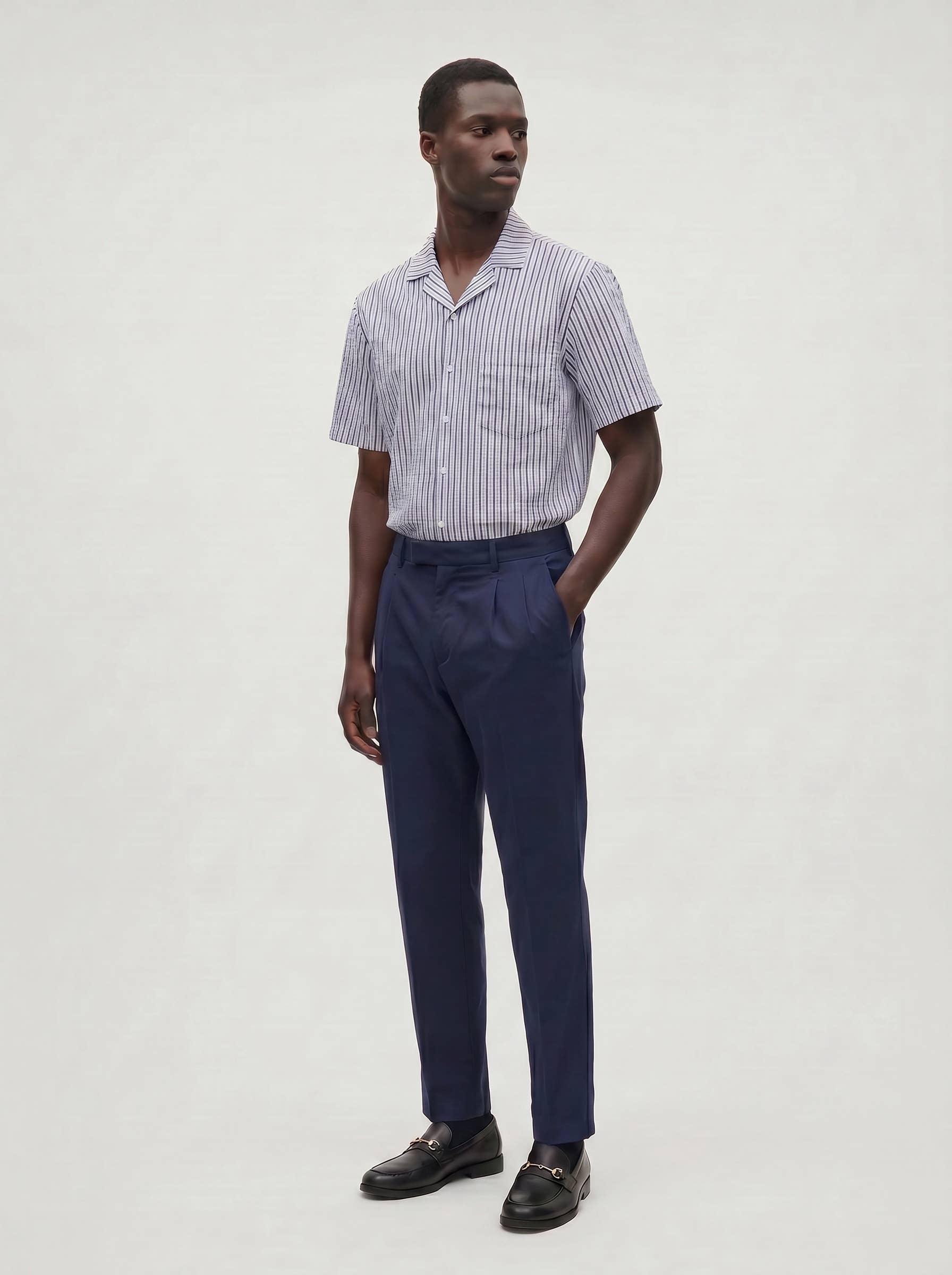 Sailor Seersucker Camp Shirt: Navy/White