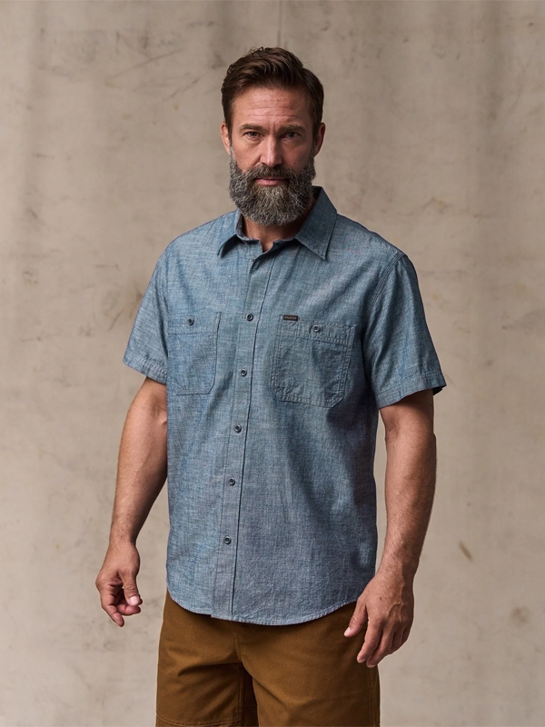 Short Sleeve Embroidered Chambray Shirt: Rinsed Indigo
