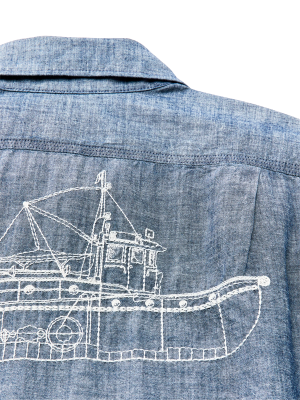 Short Sleeve Embroidered Chambray Shirt: Rinsed Indigo