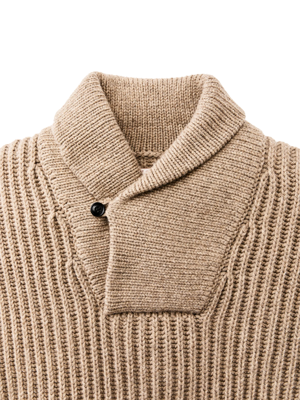 Bristol Shawl Neck Sweater: Oatmeal Heather/Flame Stripe