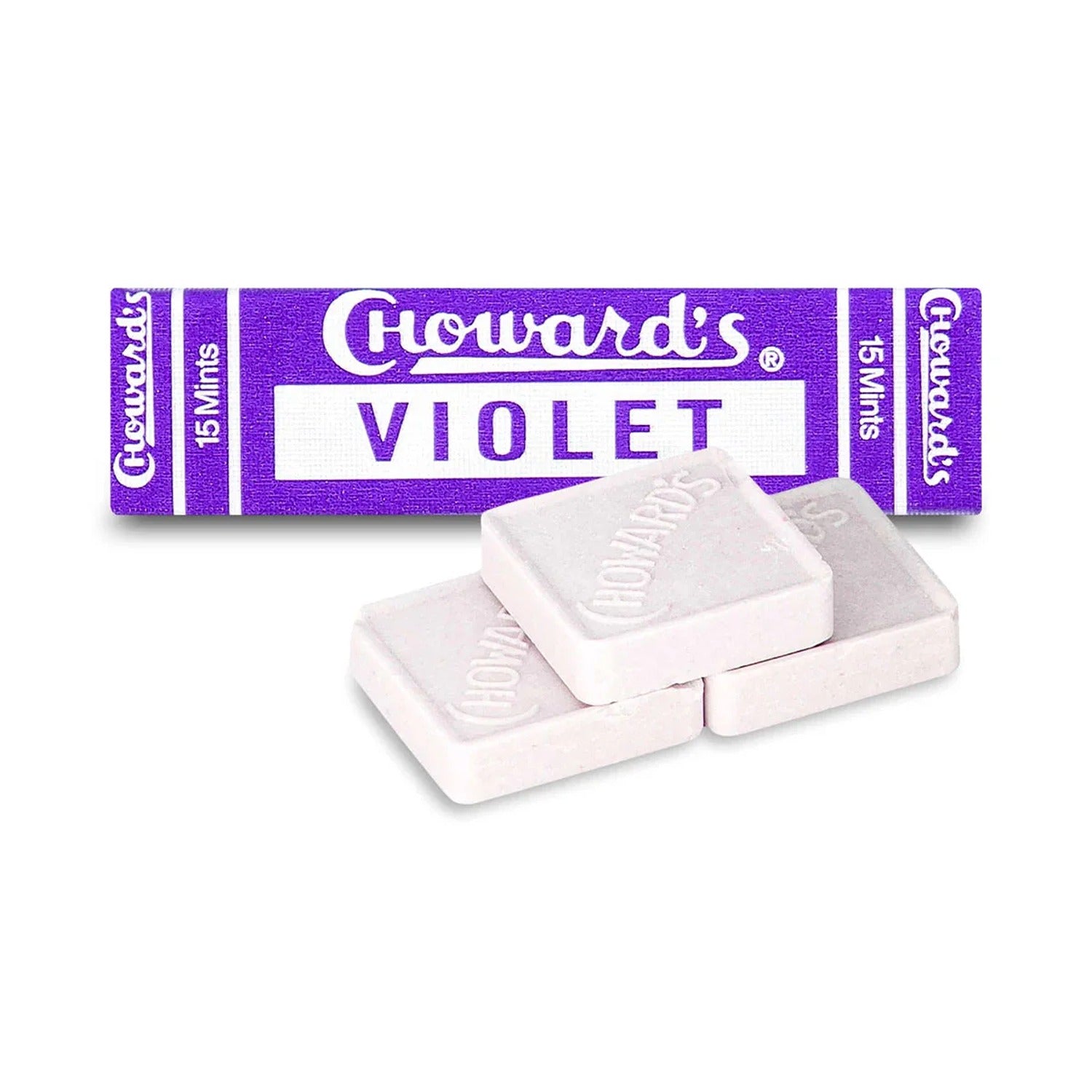 A box of C. Howard's Violet Mints, featuring individually wrapped mints with a unique, floral violet flavor, offering a nostalgic and refreshing treat.