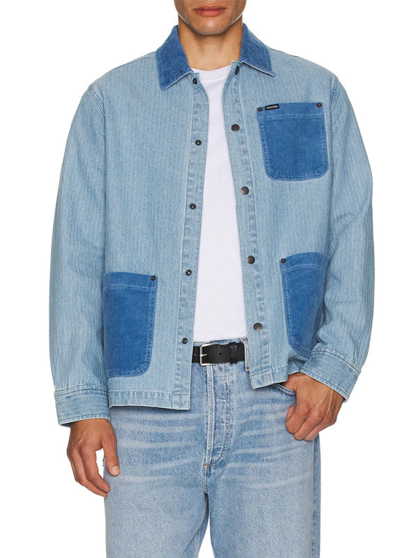 Herringbone Chore Coat: Light Wash Denim Herringbone