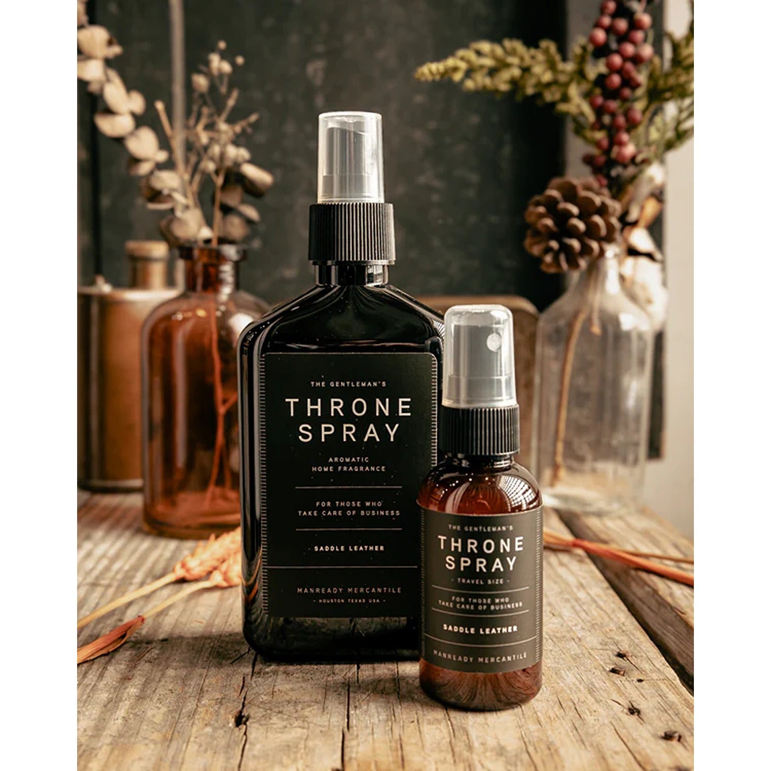 Throne Spray in Saddle Leather scent, a luxurious room mist with warm, rich notes of aged leather and rustic charm.