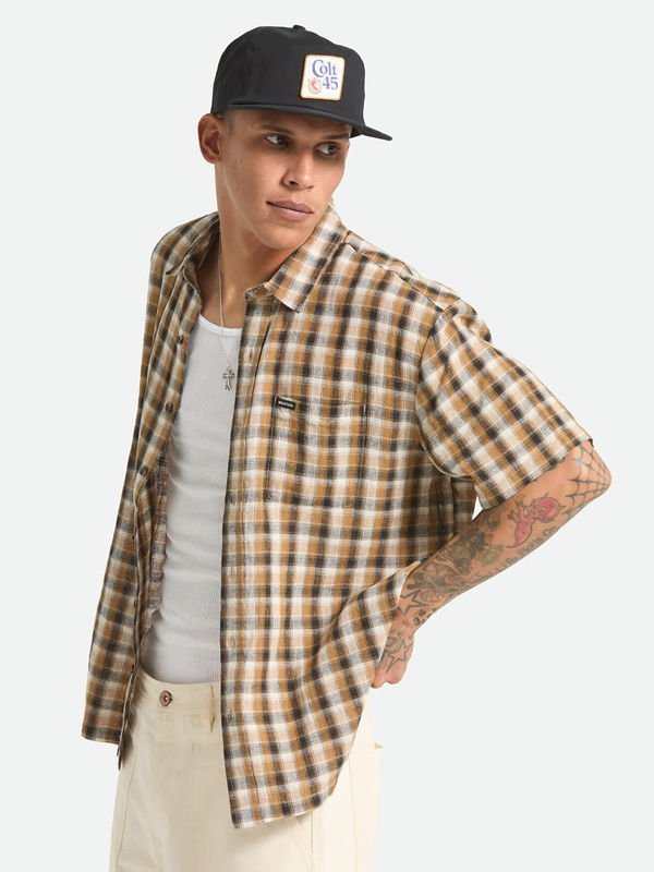 Cru Linen Blend Plaid S/S Woven: Black/Tobacco Plaid