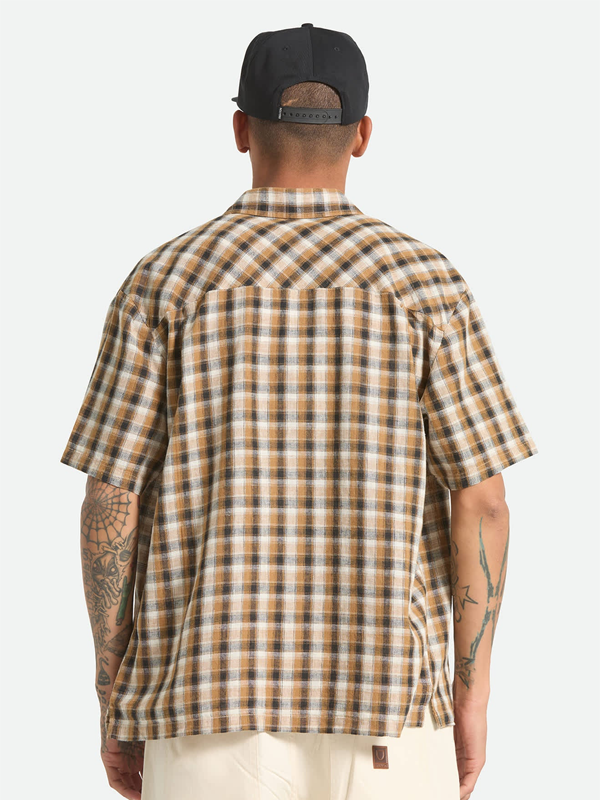 Cru Linen Blend Plaid S/S Woven: Black/Tobacco Plaid