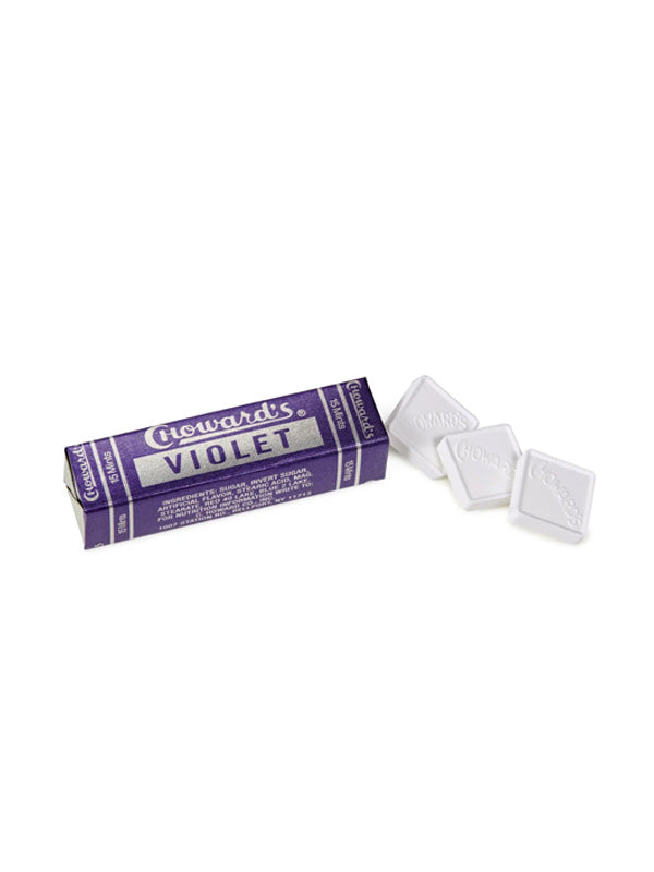 A box of C. Howard's Violet Mints, featuring individually wrapped mints with a unique, floral violet flavor, offering a nostalgic and refreshing treat.
