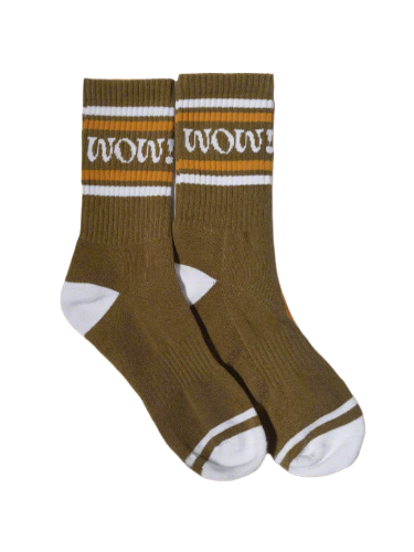 Pair of olive-green socks with the word 'Wow!' embroidered in bold, stylish lettering.