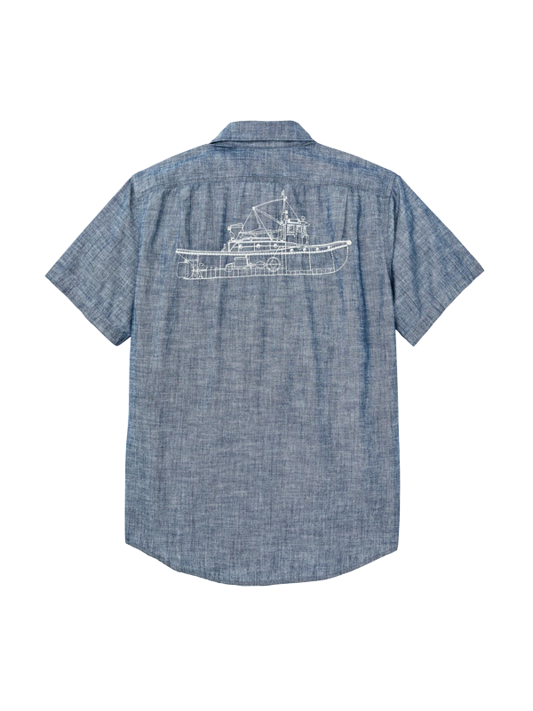 Short Sleeve Embroidered Chambray Shirt: Rinsed Indigo