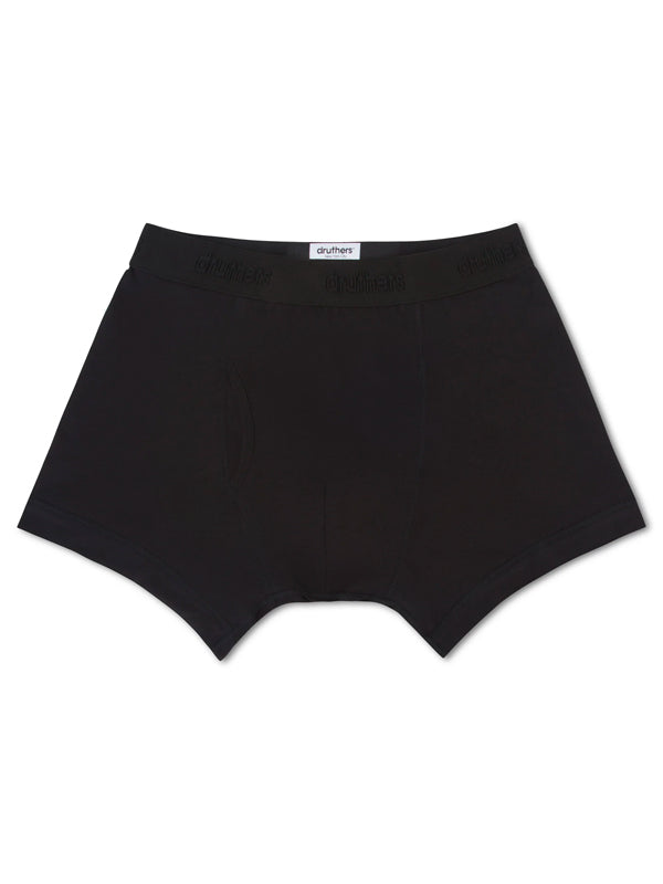 Black organic cotton boxer briefs with a soft, breathable fabric and a comfortable, snug fit.