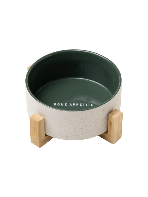 Cermic Bowl with Wooden Stand: Green, Bon Appetite