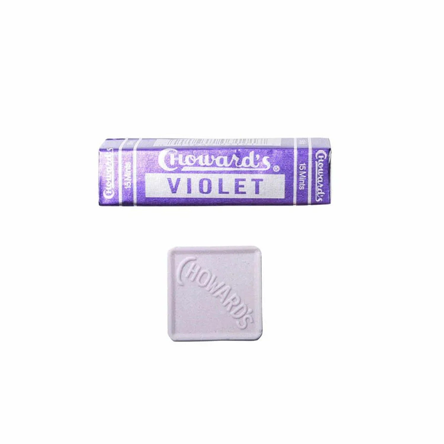 A box of C. Howard's Violet Mints, featuring individually wrapped mints with a unique, floral violet flavor, offering a nostalgic and refreshing treat.