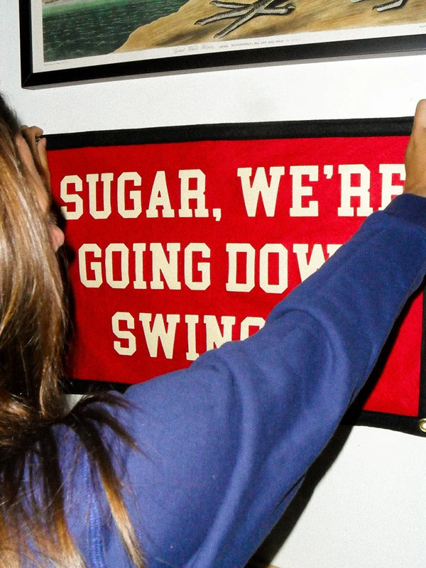 Fall Out Boy x Oxford Pennant: 'Sugar, We're Going Down Swingin'' Camp Flag – A bold and nostalgic tribute to the iconic song, perfect for adding a pop-punk flair to any space.