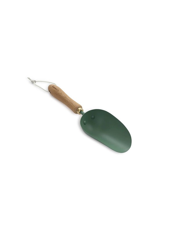 Sturdy garden scoop with an ash-colored handle and mint green scoop, perfect for digging and planting.