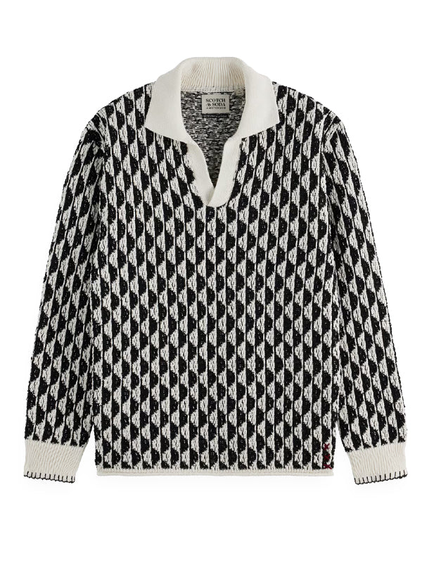 Jacquard Drop Shoulder Long Sleeve Polo: Imagine White Stripe