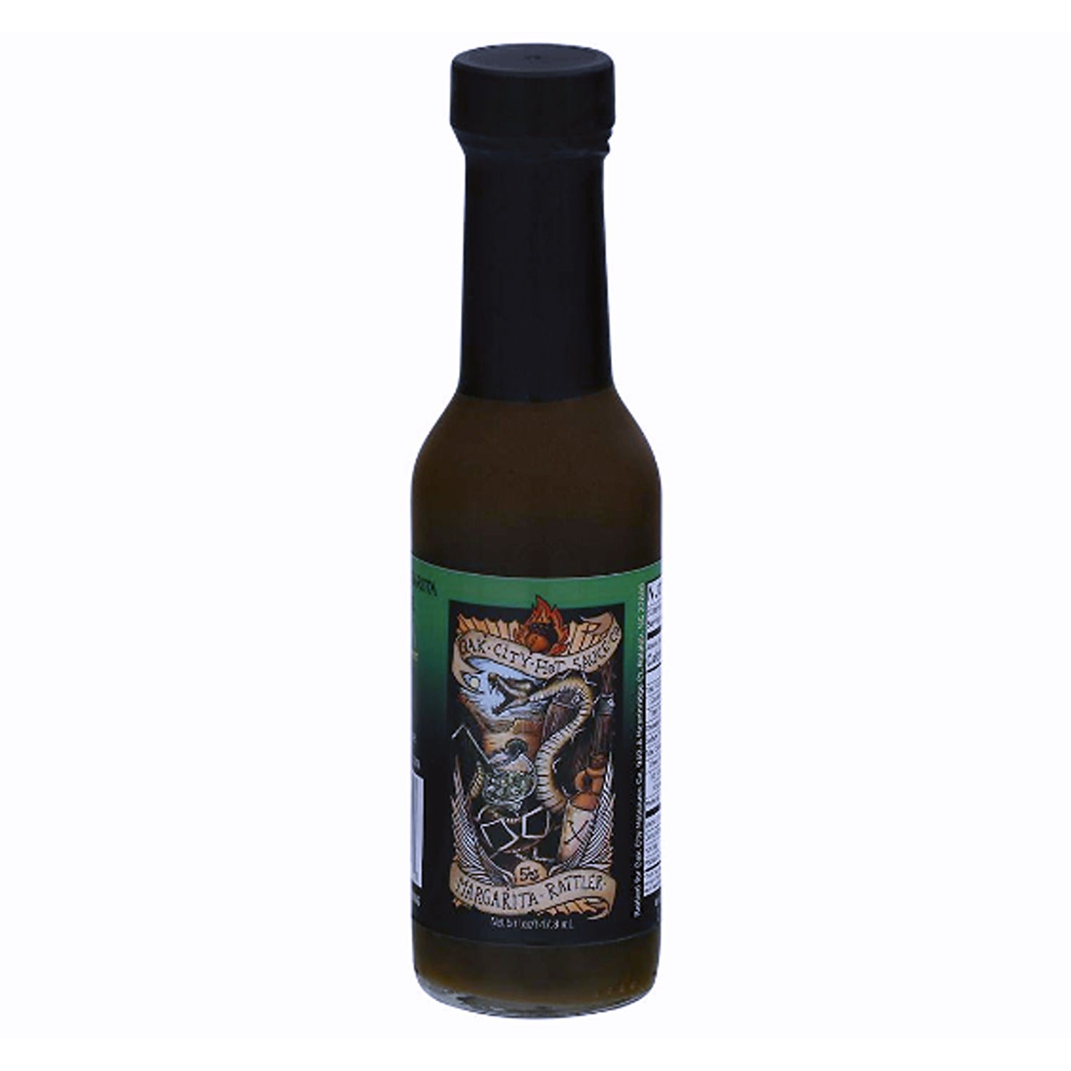A 5 oz. bottle of Margarita Rattler Hot Sauce, combining zesty lime, tequila, and a spicy kick, perfect for adding a bold, tangy flavor to your tacos, grilled meats, or cocktails.