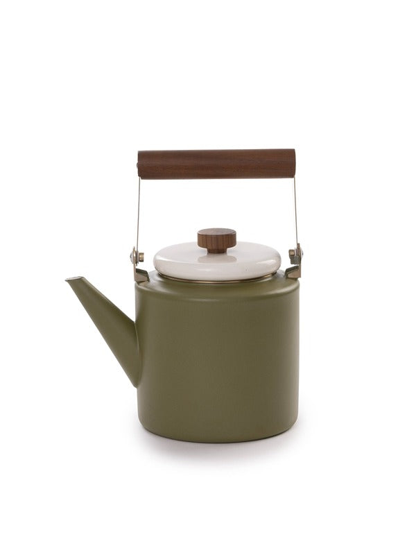 Enamel 2-tone kettle in Olive and Eggshell, featuring a classic design for boiling water with style and durability.