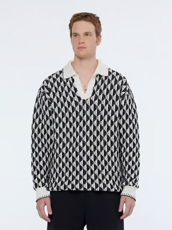 Jacquard Drop Shoulder Long Sleeve Polo: Imagine White Stripe