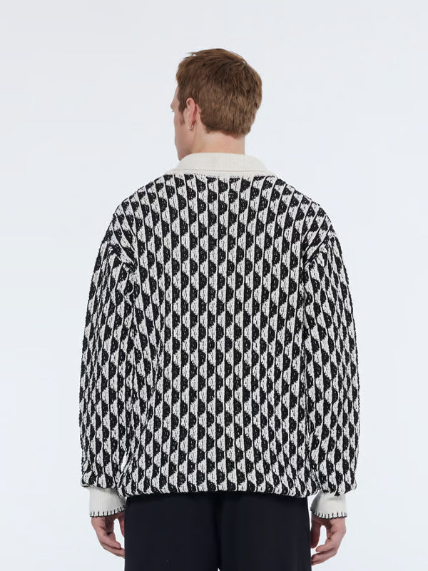 Jacquard Drop Shoulder Long Sleeve Polo: Imagine White Stripe