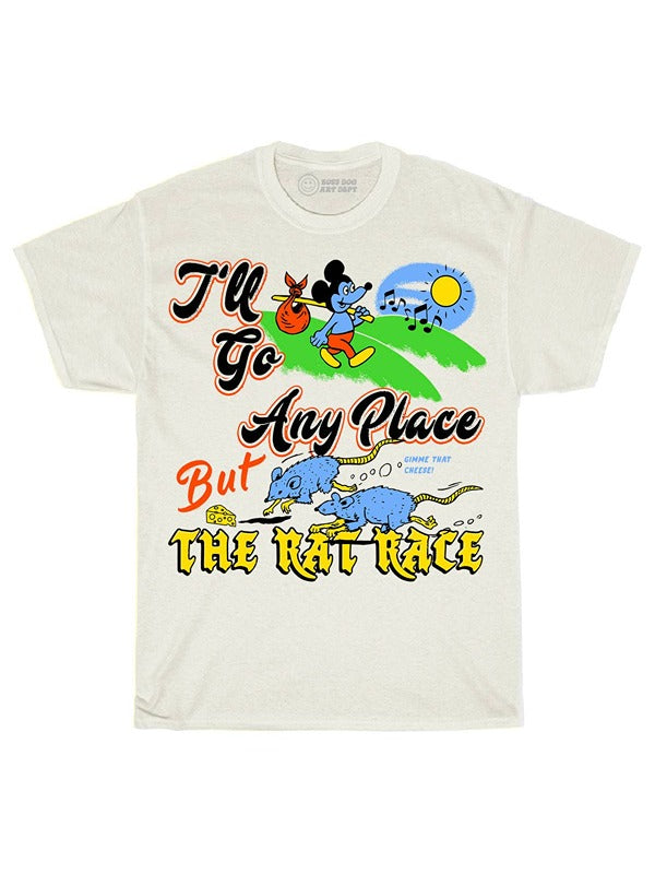 A relaxed ivory-colored tee with a bold "Rat Race" graphic, embodying a playful yet thought-provoking statement for those who march to the beat of their own drum. Perfect for casual wear with a touch of personality.