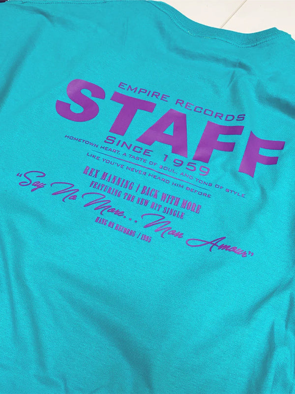 An "Empire Records Rex Manning Day" staff tee, featuring a vintage-style design inspired by the iconic film Empire Records, with bold text and a nod to the memorable Rex Manning Day celebration.