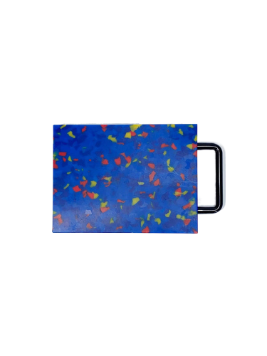 A small blue cutting board with a handle, designed for easy handling and compact storage.
