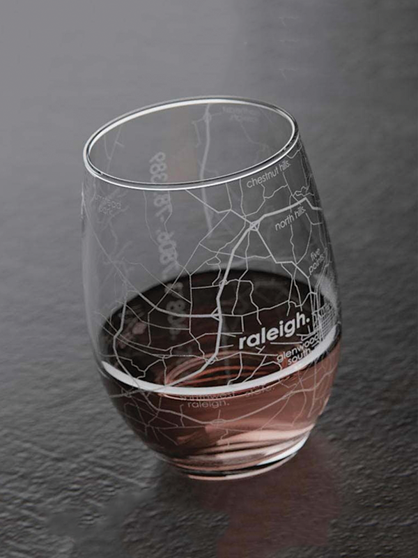Raleigh NC Map Stemless Wine Glass