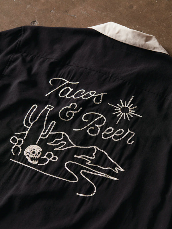 Men's button-up shirt featuring a fun and vibrant Tacos & Beer print, perfect for casual outings and summer vibes.