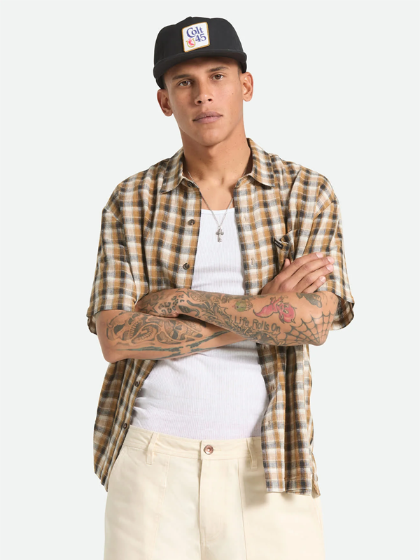 Cru Linen Blend Plaid S/S Woven: Black/Tobacco Plaid