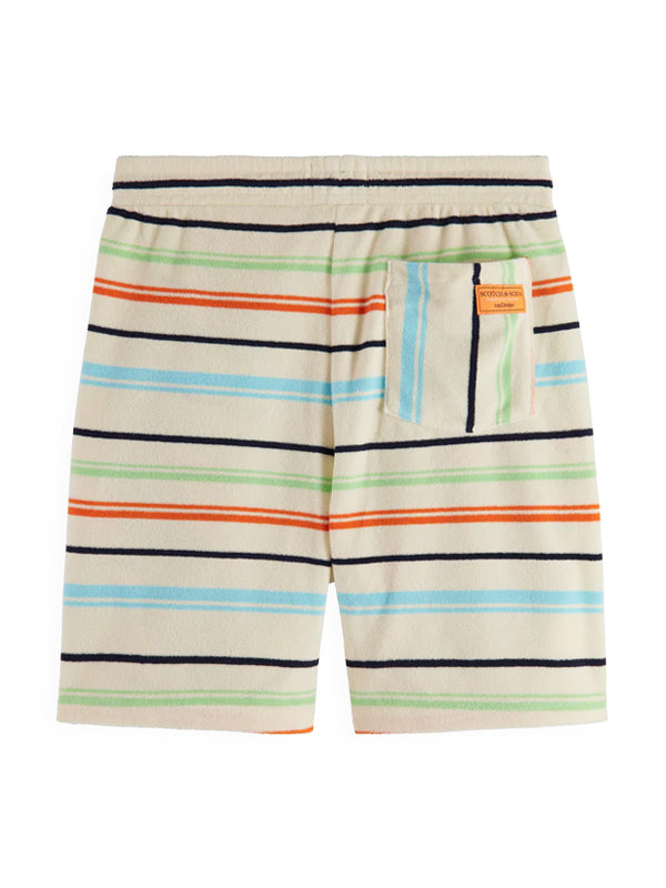 Comfortable toweling sweatshorts featuring a vibrant multi-stripe design, offering a soft and relaxed fit for casual wear.