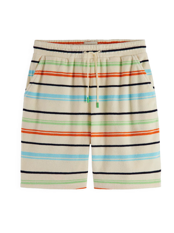 Comfortable toweling sweatshorts featuring a vibrant multi-stripe design, offering a soft and relaxed fit for casual wear.