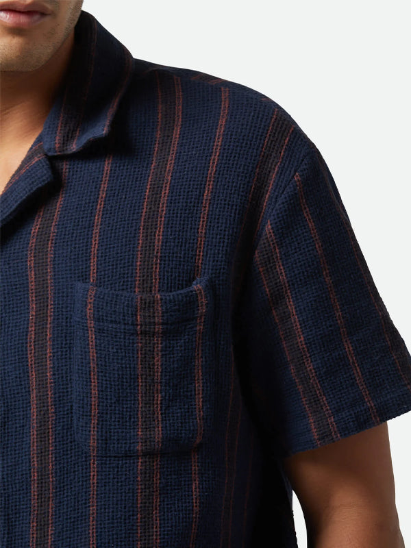 Bunker Waffle Stripe S/S Camp Collar Shirt: Washed Navy Stripe