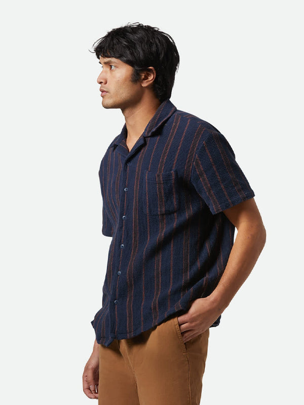 Bunker Waffle Stripe S/S Camp Collar Shirt: Washed Navy Stripe
